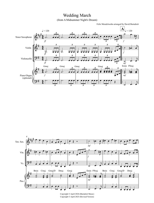 Wedding March (from A Midsummer Night's Dream) for Tenor Saxophone, Violin and Cello Trio (Arr. David Burndrett) - Felix Mendelssohn (Small Ensemble)