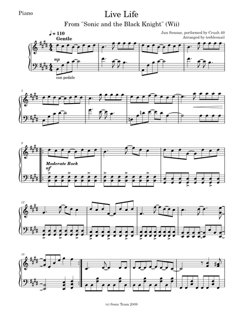 Live Life: Sonic and the Black Knight for Piano