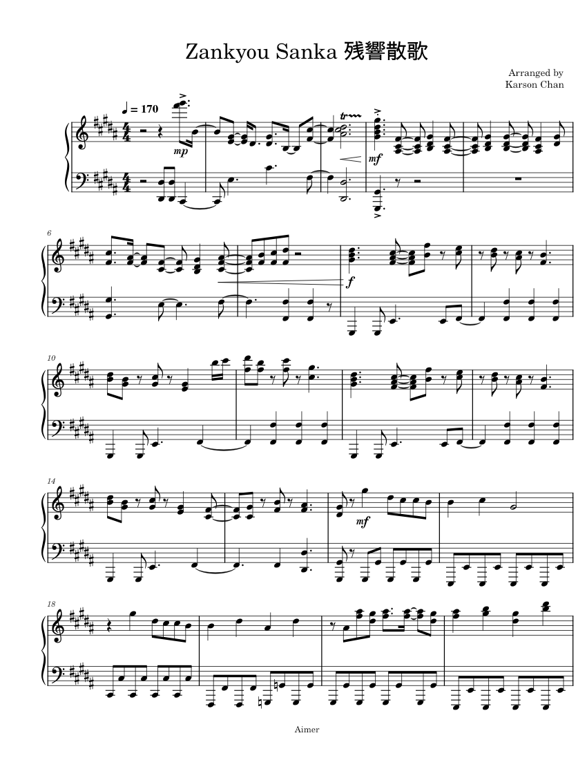 残響 SCORE SELECTION 残響散歌 Zankyou Sanka – Aimer Sheet Music for Piano (Solo