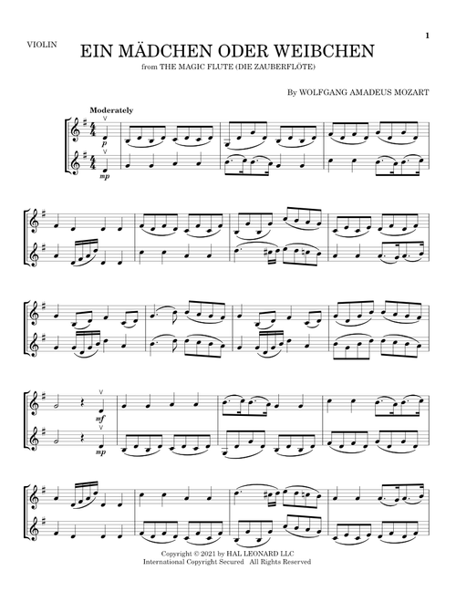 Ein Madchen Oder Weibchen - Wolfgang Amadeus Mozart (Violin Duet)