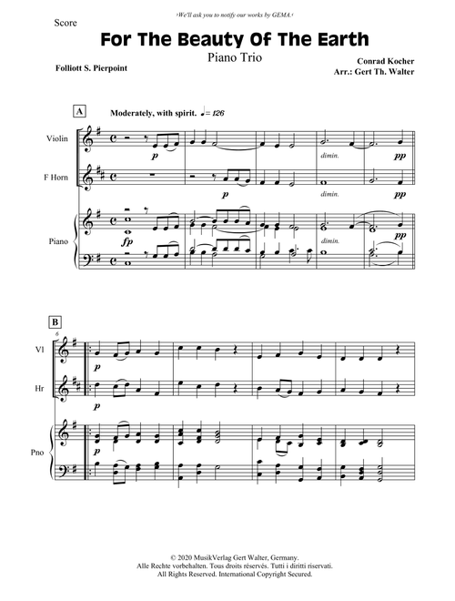 For The Beauty Of The Earth (Arr. Gert Th. Walter) - Conrad Kocher (Small Ensemble)