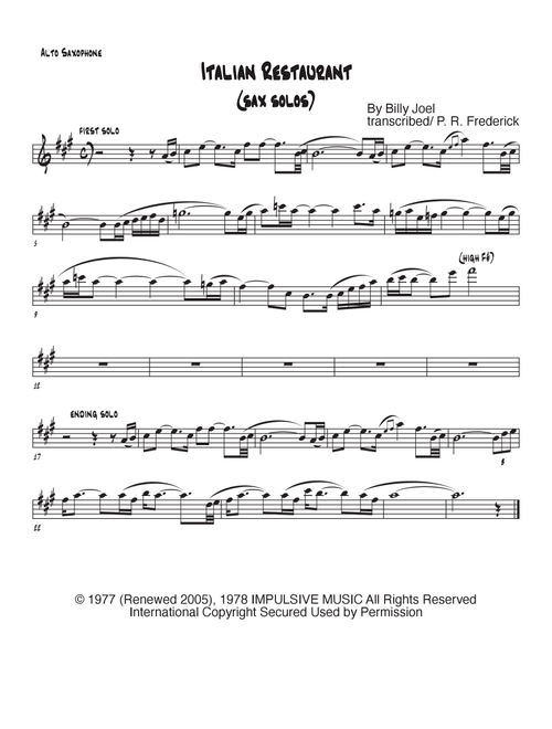 Scenes From An Italian Restaurant (Arr. P. R. Frederick) - Billy Joel (Alto Sax Solo)