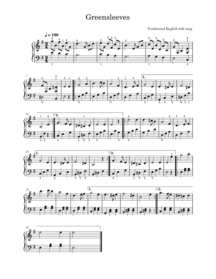 Greensleeves – Traditional English folk song Sheet Music for