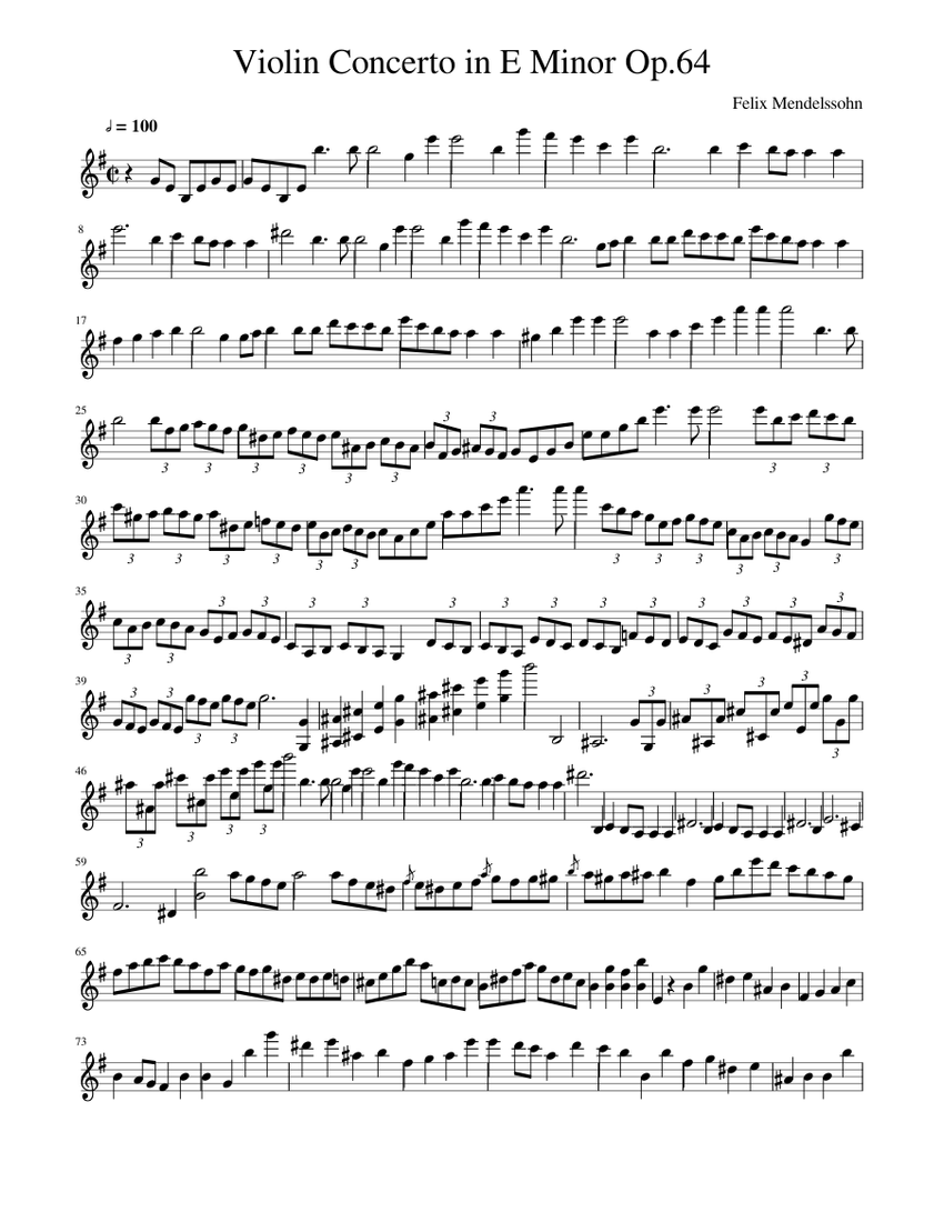 Violin Concerto in E Minor Op 64 movement 1 Sheet Music for