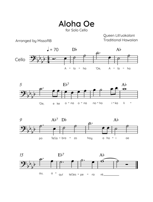 Aloha Oe - Solo Cello in Ab Major Easy With Lyrics & Chords (Arr. MissoRB) - Queen Liliʻuokalani (Cello Solo)