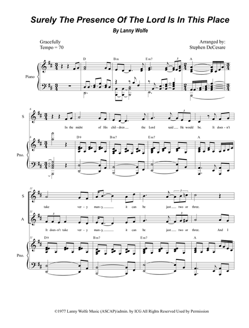 Surely The Presence Of The Lord Is In This Place (Arr. Stephen DeCesare) - Lanny Wolfe (Voice Duet and Piano)