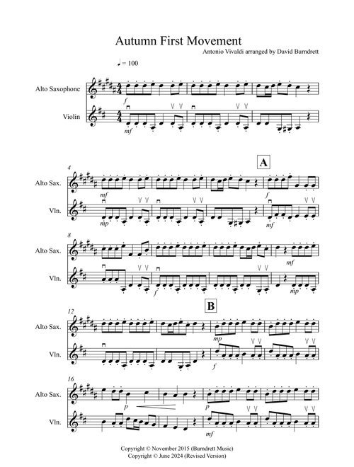 Autumn "Four Seasons" for Alto Saxophone and Violin Duet (Arr. David Burndrett) - Antonio Vivaldi (Instrumental Duet)