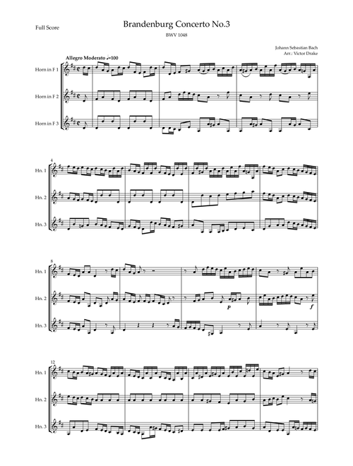 Brandenburg Concerto No. 3 in G major, BWV 1048 1st Mov. (J.S. Bach) for Horn in F Trio (Arr. Victor Drake) - Joahann Sebastian Bach (Brass Ensemble)