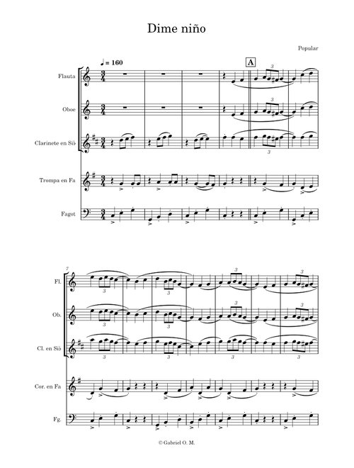 Dime Niño (flute, oboe, clarinet, horn and bassoon) – Popular