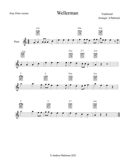Wellerman Easy Flute in A minor (Arr. Andrew Pattinson) - Traditional (Flute Solo)