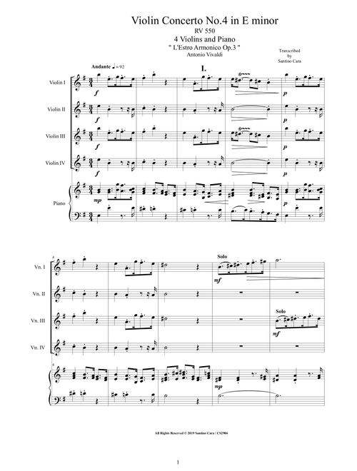 Vivaldi - Violin Concerto No.4 in E minor Op.3 RV 550 for 4 Violins and Piano (Arr. Santino Cara) - Vivaldi Antonio (String Quartet)