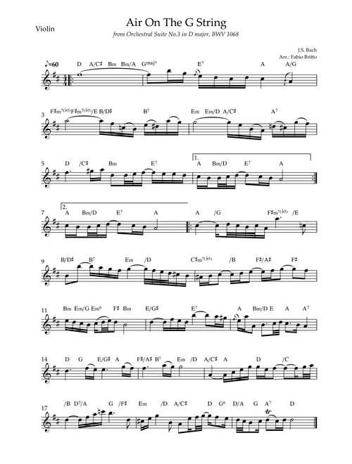 Air On The G String (J.S. Bach) for Violin Solo with Chords (Arr. Fabio Britto) - JS Bach (Violin Solo)