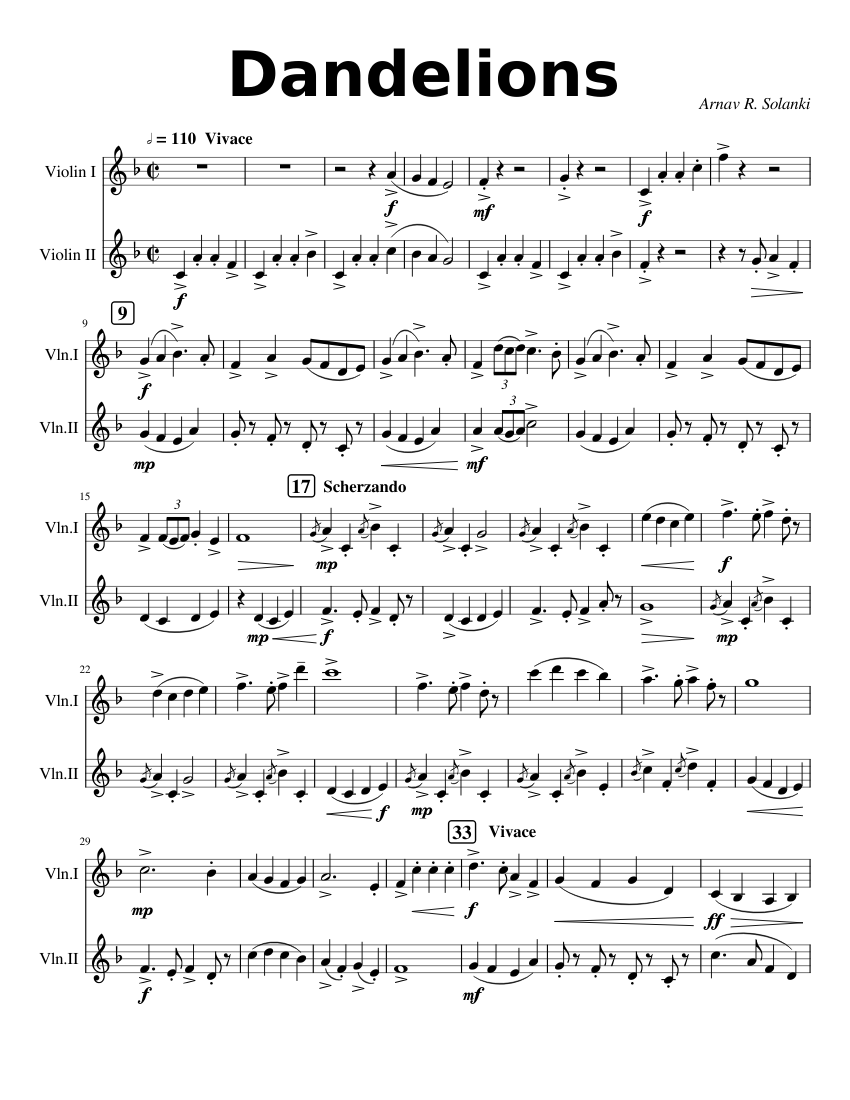 Dandelions Sheet Music For Violin (String Duet) | Musescore.com