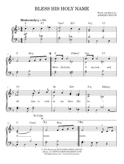 Bless His Holy Name - Andraé Crouch (Easy Piano)