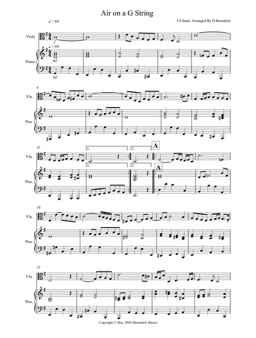 Air on a G String for Viola and Piano (Arr. D.Burndrett) - JS Bach (Instrumental Duet)