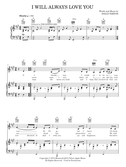 I Will Always Love You - Dolly Parton, Whitney Houston (Piano-Vocal-Guitar)