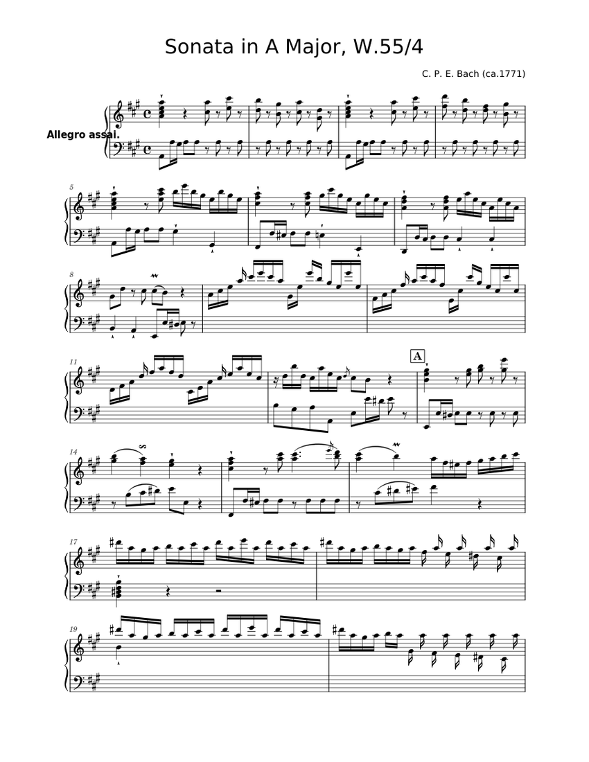 C.P.E. Bach-- Sonata In A Major, W.55/4 Sheet Music for