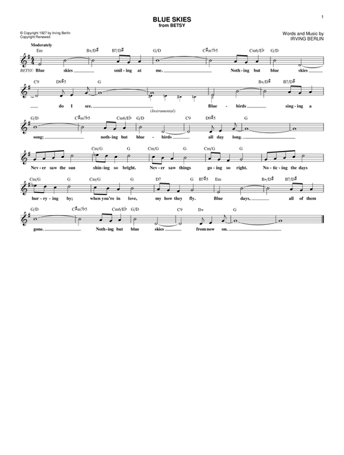 Blue Skies - Willie Nelson (Lead Sheet - Fake Book)