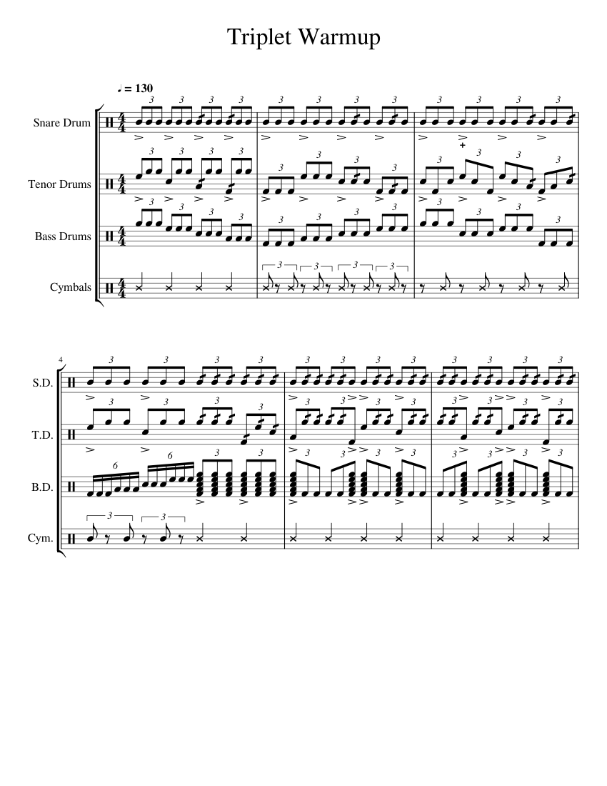 Triplet Warmup Sheet music for Snare drum, Crash, Tenor drum, Bass drum (Mixed Quartet