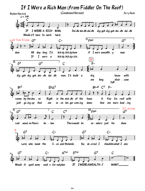 If I Were A Rich Man (Condensed version) lead sheet with lyrics