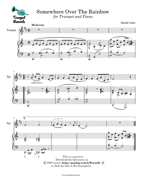 Somewhere Over The Rainbow For Trumpet and Piano Accompaniment (PDF Scores)