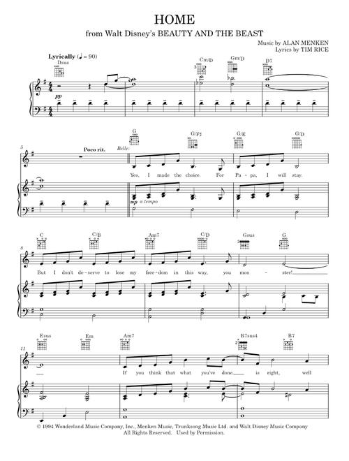 Home (from Beauty and the Beast: The Broadway Musical) - Alan Menken (Piano-Vocal-Guitar)