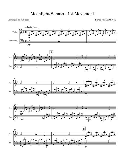 Moonlight Sonata - Movement 1 (Arr. K. Speck) - Ludwig van Beethoven (Instrumental Duet)