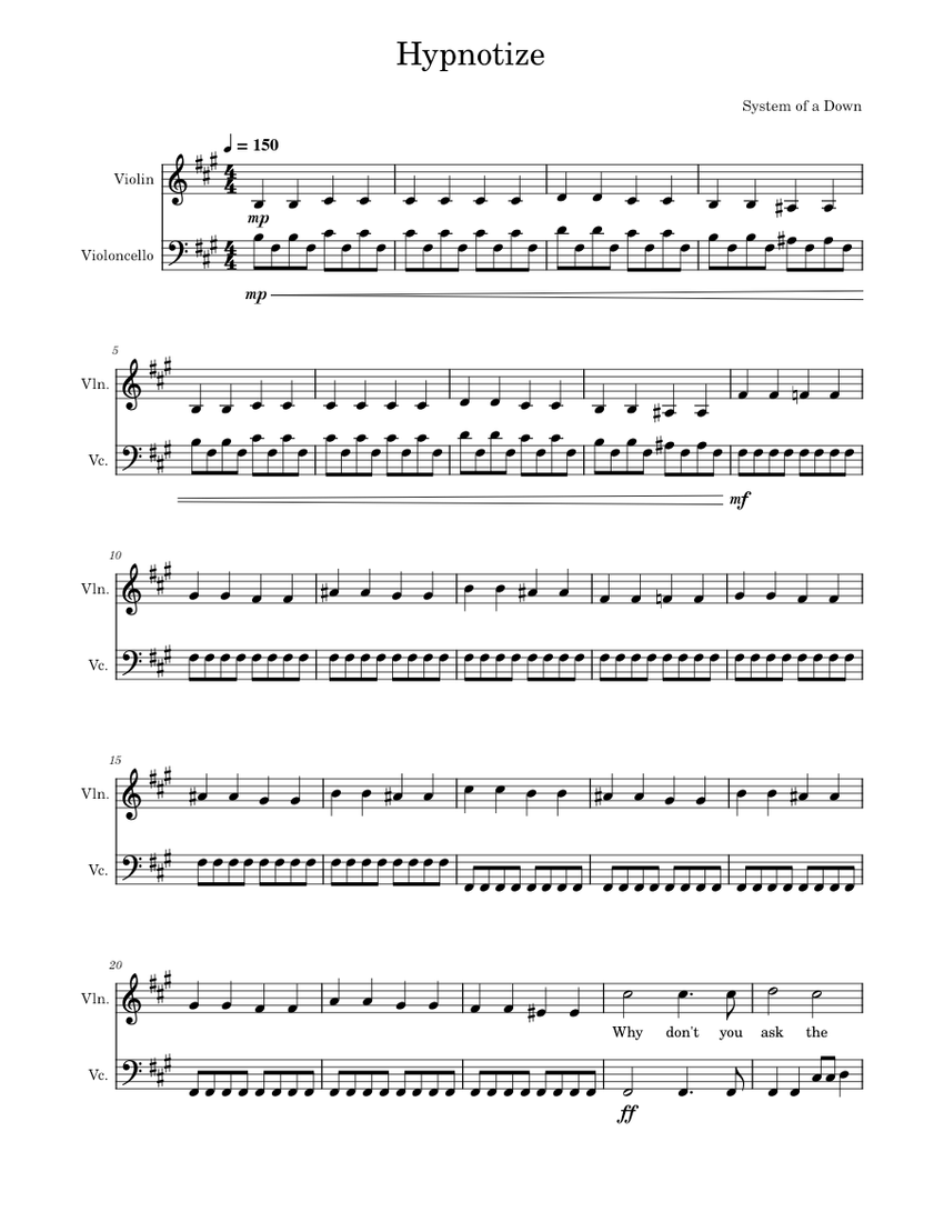 Hypnotize System of a Down Sheet music for Violin Cello String Duet Musescore