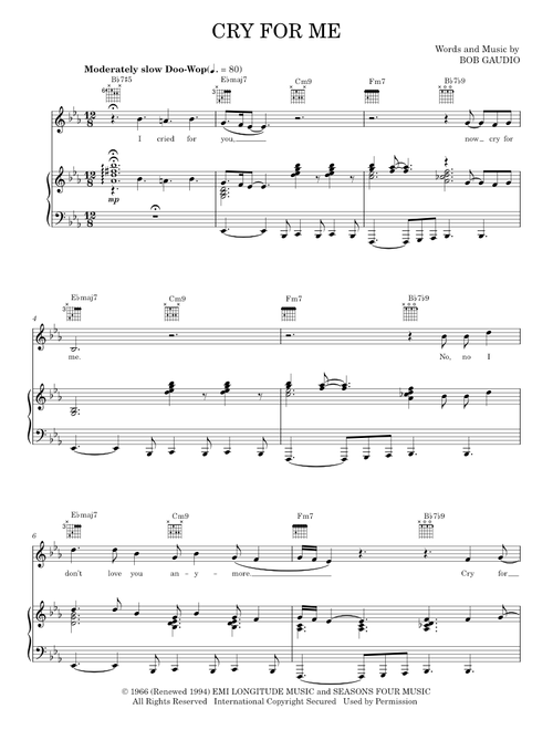 Cry For Me - Frankie Valli, Jersey Boys Musical (Piano-Vocal-Guitar)