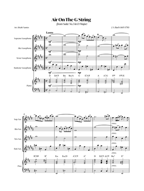 Air On The G String (from Suite No.3 in D Major) (Bach) - Sax quartet with Piano (Arr. André Alberto Santos) (Small Ensemble)