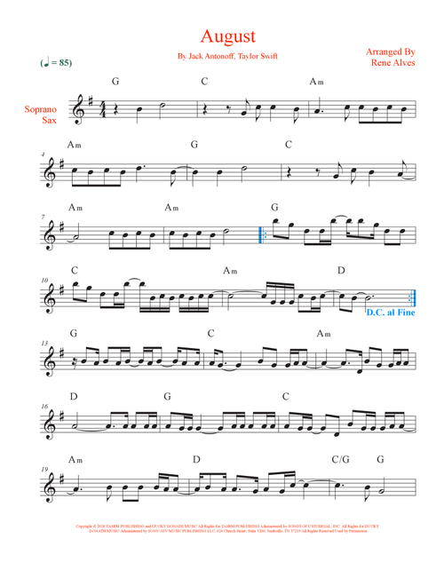 August (Arr. Rene Alves) - Taylor Swift (Soprano Sax Solo)
