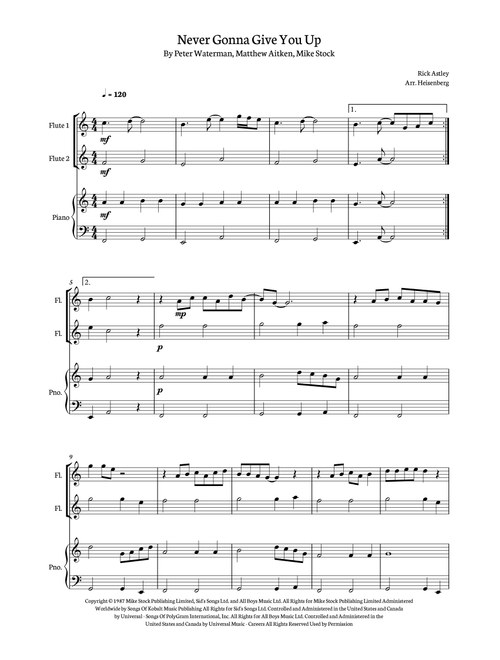 Never Gonna Give You Up (Arr. Heisenberg) - Rick Astley (Flute Duet)