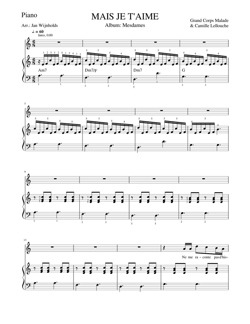 Je T Aimais Je T Aime Et Je T aimerai Chords Mais je t'aime - Grand Corps Malade & Camille Lellouche Sheet music for  Piano (Solo) | Musescore.com