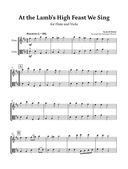 At the Lamb's High Feast We Sing (Flute and Viola) - Easter Hymn (Arr. Henrique Oliveira) - Jacob Hintze (Instrumental Duet)