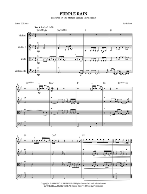 Purple Rain (Arr. Bart's Editions) - Prince (String Quartet)