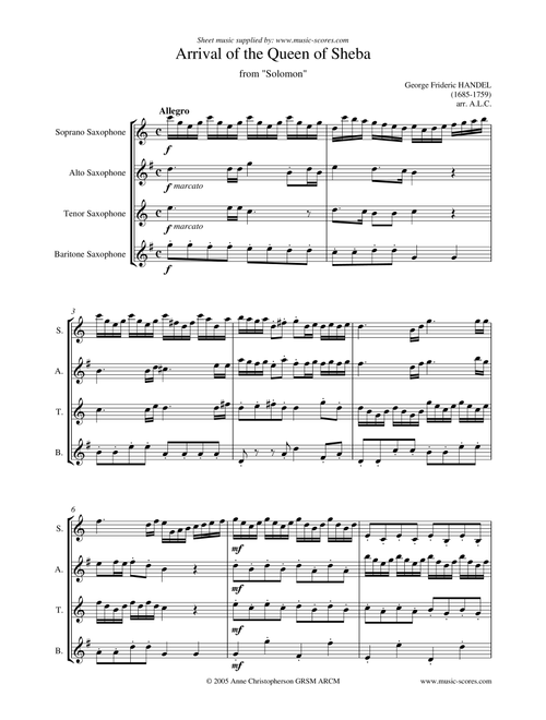 Handel: Arrival of the Queen of Sheba - Sax Quartet (Arr. Anne L Christopherson GRSM ARCM) - Handel George Frideric (Woodwind Ensemble)