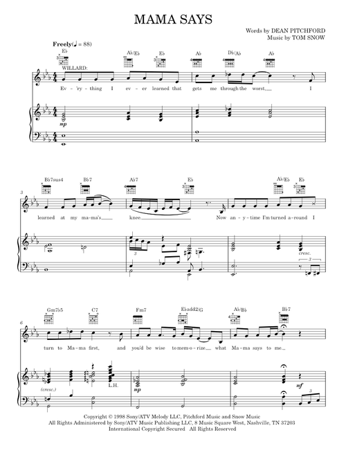 Mama Says - Dean Pitchford, Footloose Musical (Piano-Vocal-Guitar)