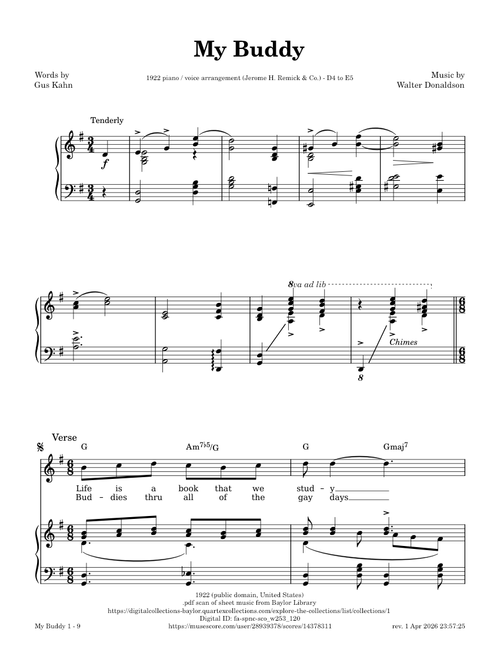 My Buddy – Walter Donaldson, Gus Kahn [1922 piano / vocal arr. plus 3/4 & 4/4 lead sheets]