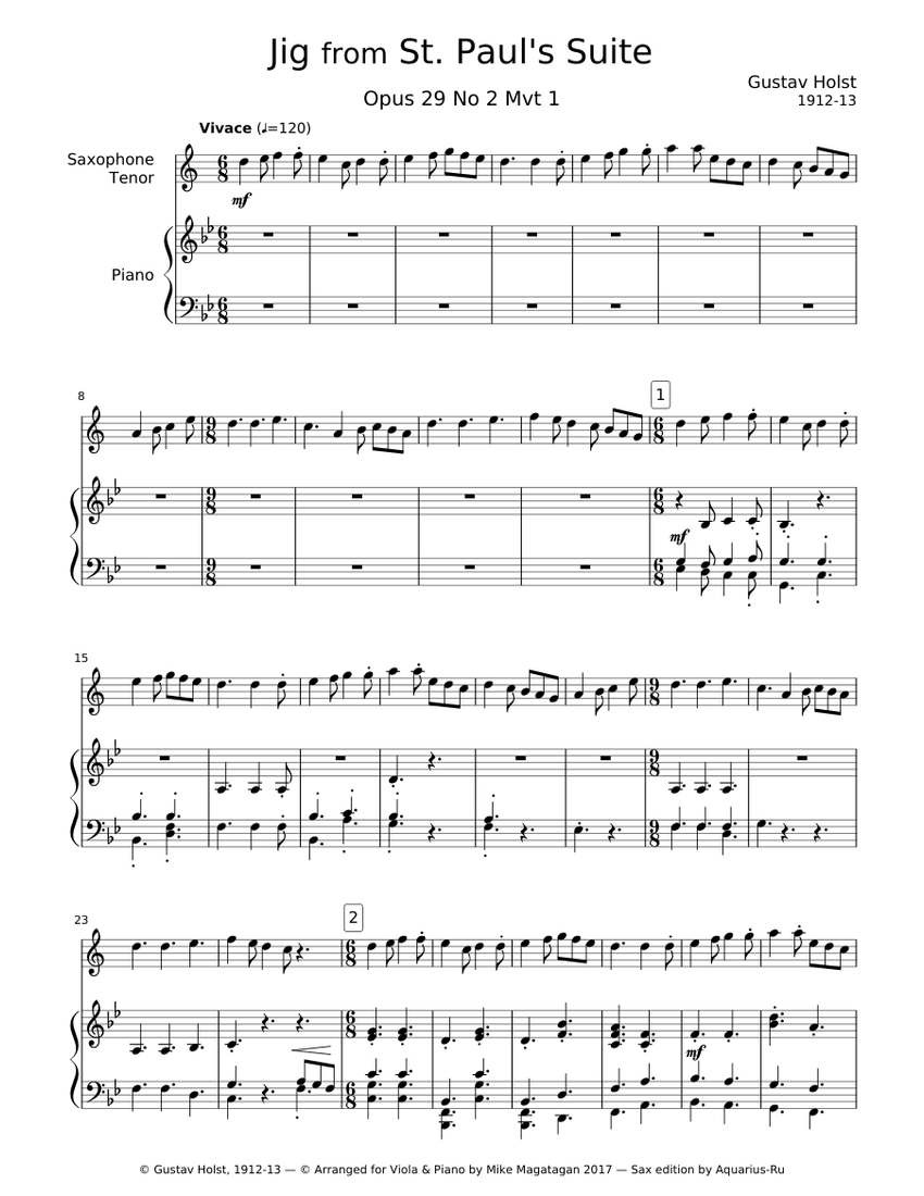 Gustav Holst Jig from St. Pauls Suite for Sax Tenor Sheet music for