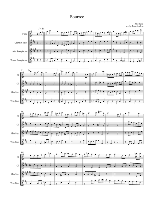 Bourree for Woodwind Quartet (Flute, Clarinet, Alto Sax, Tenor Sax) (Arr. Jesse Audelo) - J.S. Bach (Small Ensemble)