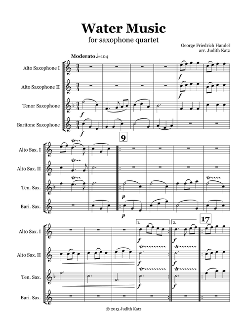 Water Music - for saxophone quartet (Arr. Judith Katz) - Georg Friedrich Handel (Woodwind Ensemble)