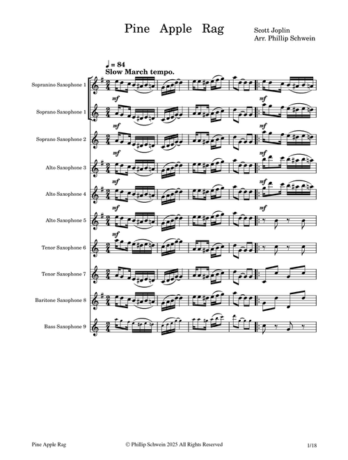 Pine Apple Rag For Saxophone Choir (Arr. Phillip Schwein) - Scott Joplin (Woodwind Ensemble)