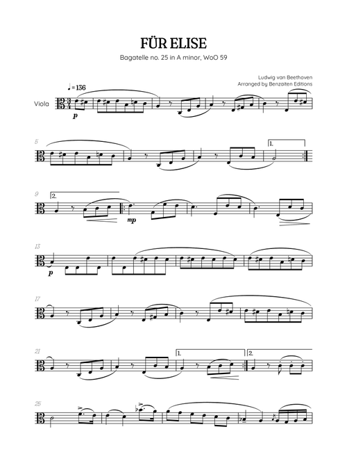 Beethoven • Für Elise / Pour Elise • viola sheet music (Arr. Benzaiten Editions) - Ludwig Van Beethoven (Viola Solo)