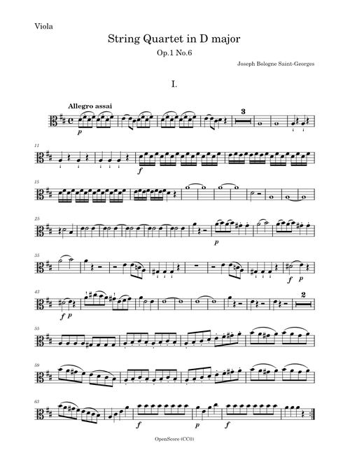 String Quartet in D major, Op.1 No.6 – Joseph Bologne Saint-Georges - Viola PART