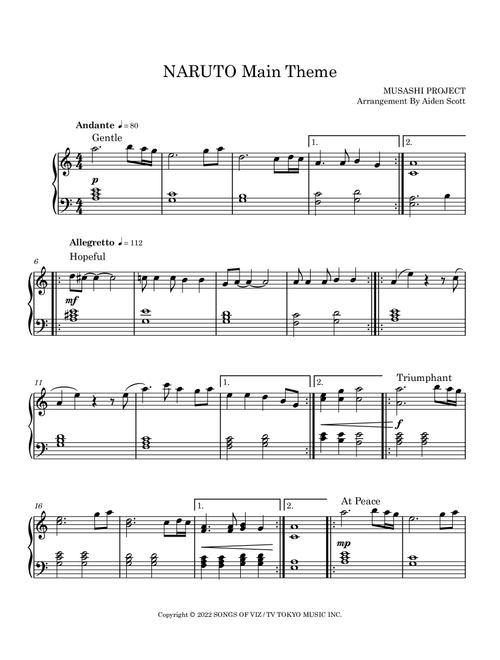 Naruto Main Theme (Arr. Aiden Scott) - Musashi Project (Easy Piano)