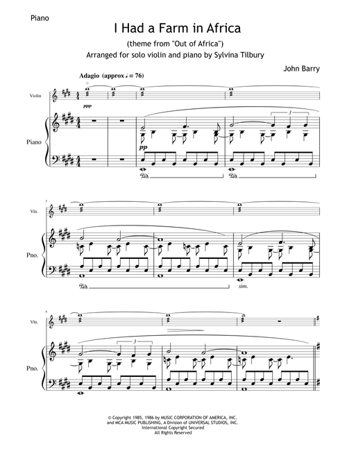 I Had A Farm In Africa (main Title) (Arr. Sylvina Tilbury) - John Barry (Violin and Piano)