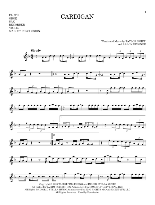 cardigan - Taylor Swift (Instrumental Solo - Treble Clef High Range)