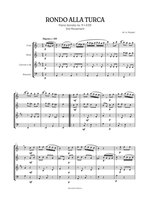 Rondo Alla Turca (Turkish March) | Woodwind Quartet sheet music (Arr. Benzaiten Editions) - Wolfgang Amadeus Mozart (Woodwind Ensemble)