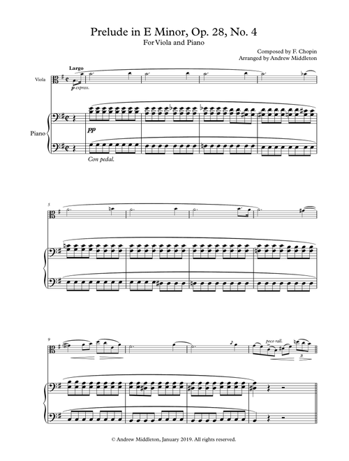 Prelude in E Minor arranged for Viola & Piano (Arr. Andrew Middleton) - Frederic Chopin (Viola and Piano)