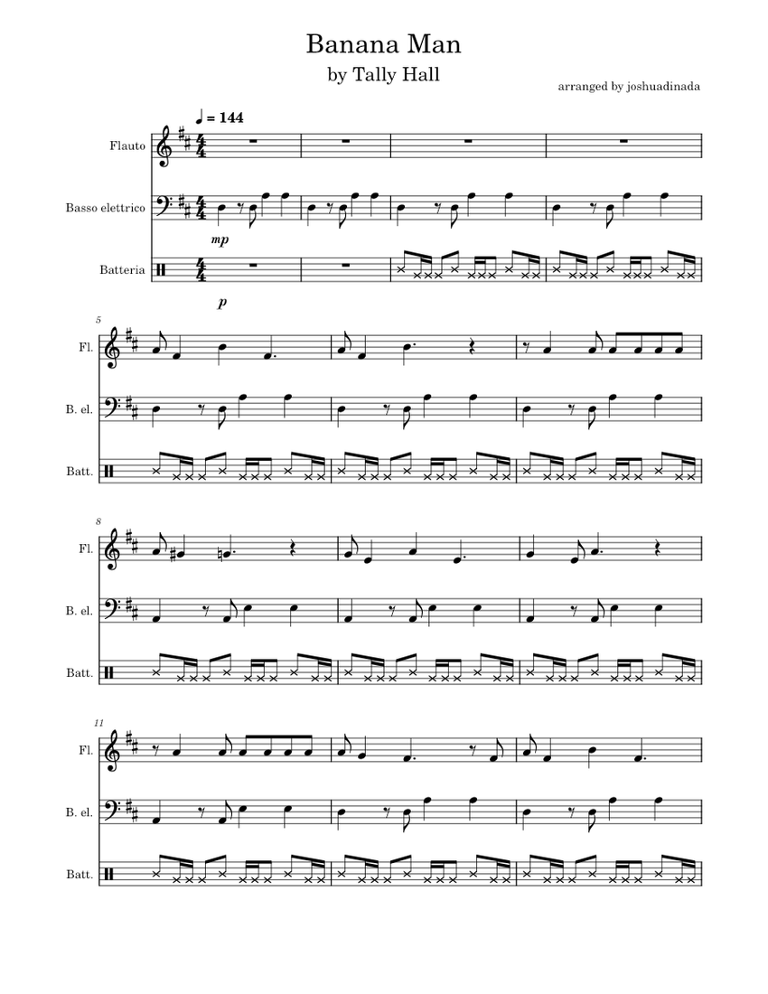 Banana Man Tally Hall Sheet music for Flute, Bass guitar, Drum group